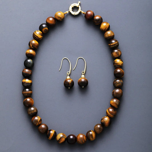 Ensemble Collier et Boucles d'Oreilles en Oeil-de-Tigre