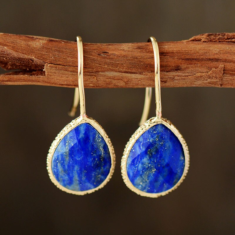 Boucles D'oreilles Crochet Doré – Grosse Perle Lapis Lazuli Bleu – Vintage Style – DZ3 – Neuf Sans Boîte