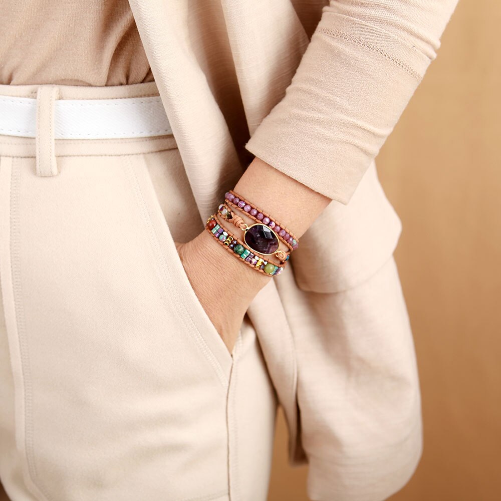 Bracelet en cuir et pierres de Jaspe et Améthyste