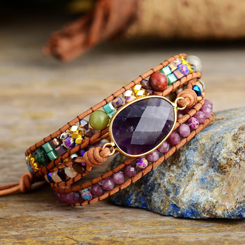 Bracelet en cuir et pierres de Jaspe et Améthyste