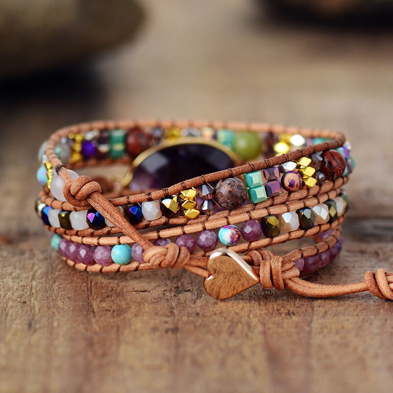 Bracelet en cuir et pierres de Jaspe et Améthyste