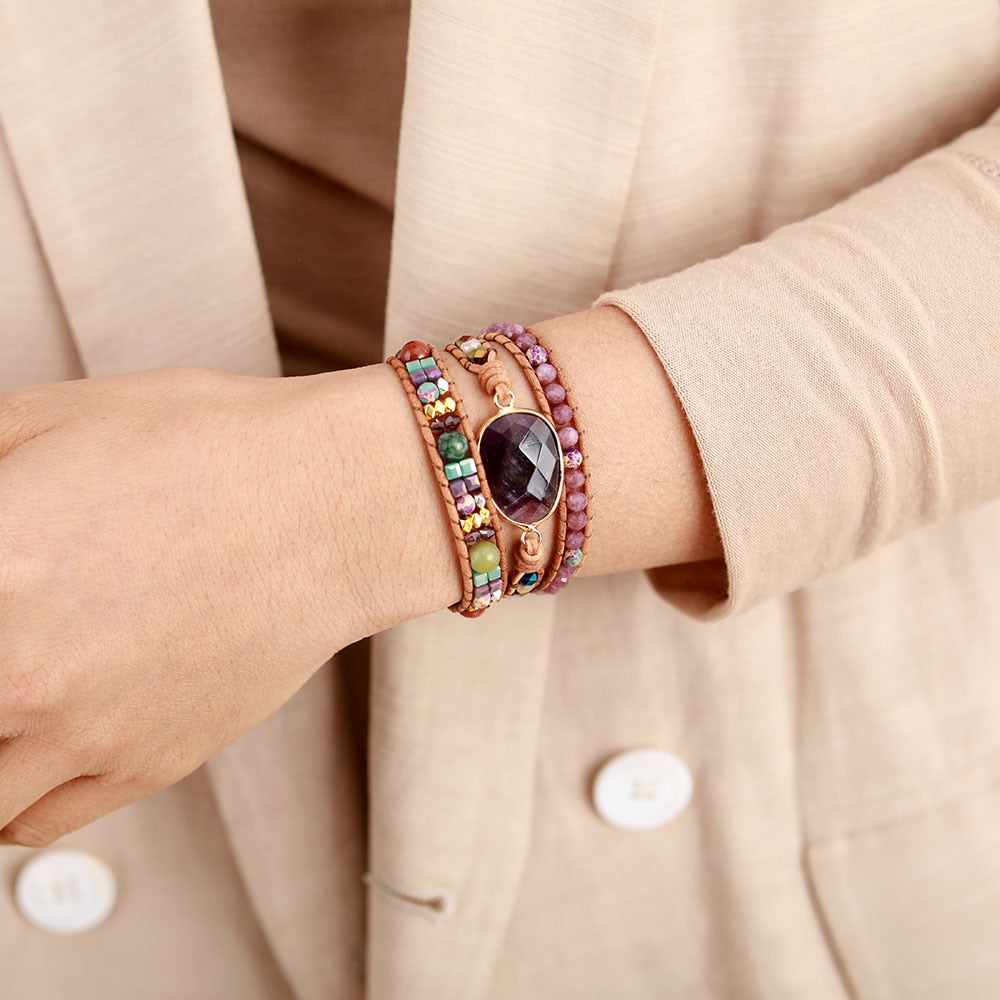 Bracelet en cuir et pierres de Jaspe et Améthyste