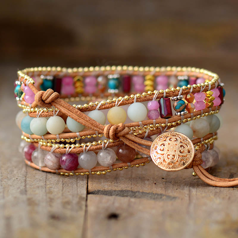 Bracelet en cuir, pierres naturelles et coeur de Quartz Rose
