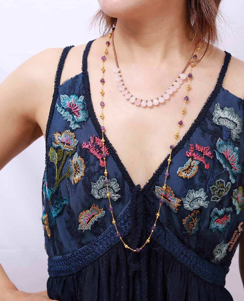Collier en Perles Gouttes de Quartz Rose