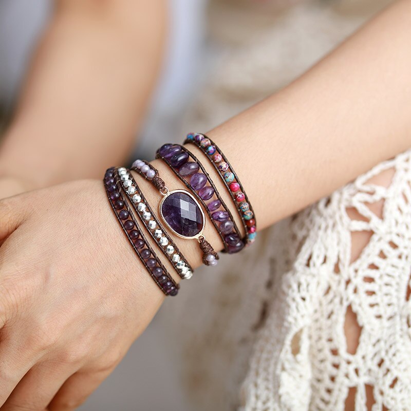 Bracelet Bohème en cuir, Jaspe et Améthyste