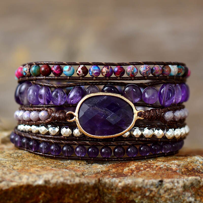 Bracelet Bohème en cuir, Jaspe et Améthyste