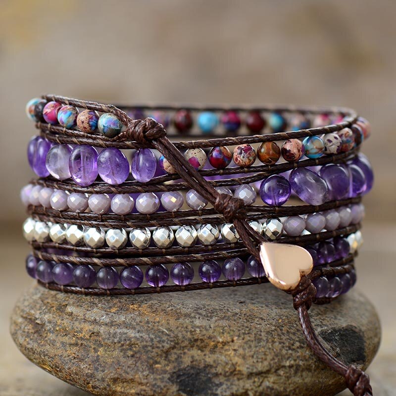 Bracelet Bohème en cuir, Jaspe et Améthyste