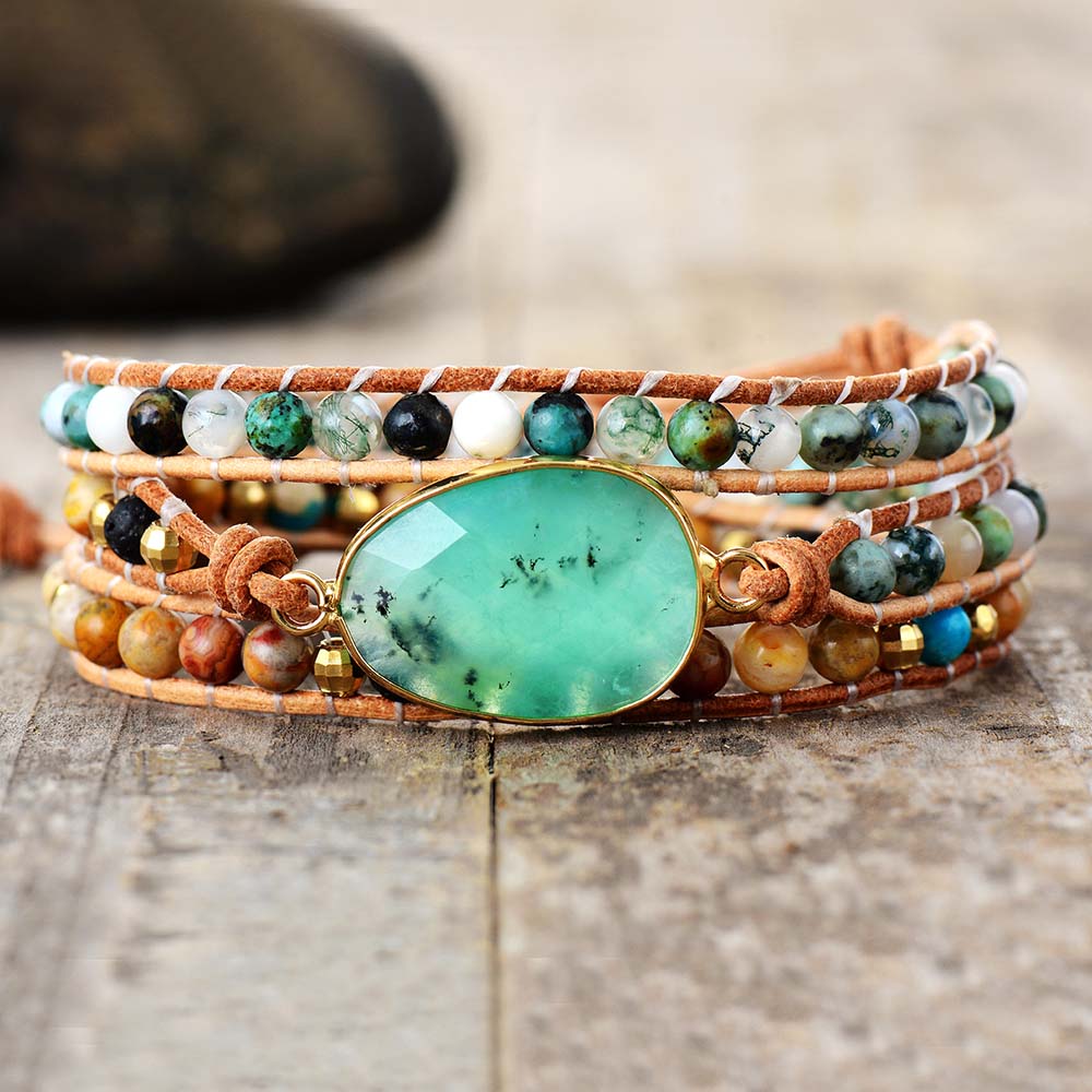 Bracelet en cuir et pierres de Jade et Turquoise Africaine
