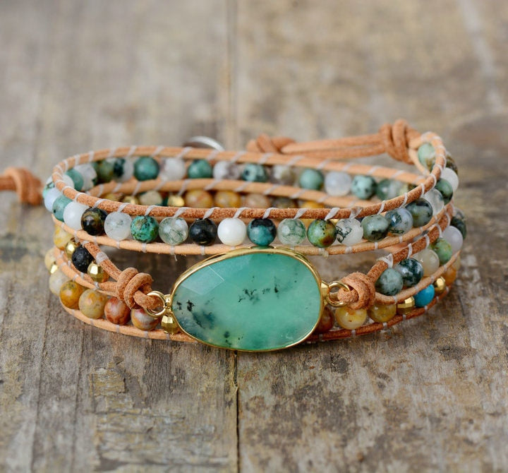 Bracelet en cuir et pierres de Jade et Turquoise Africaine