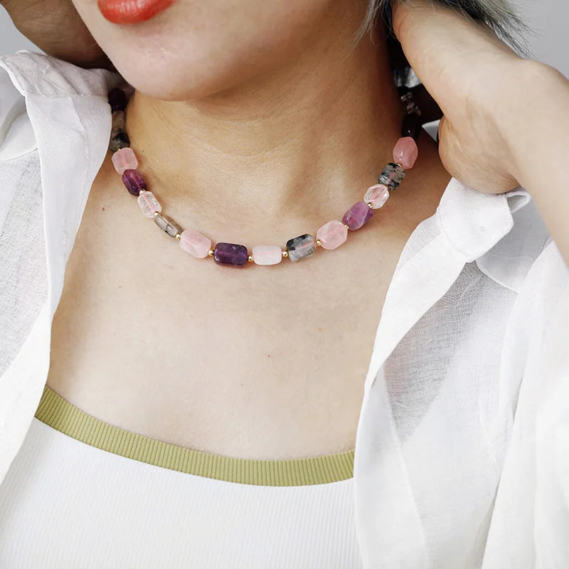 Collier Minimaliste Quartz Rose, Améthyste et Agate Mousse