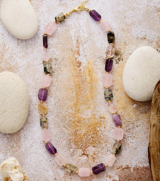 Collier Minimaliste Quartz Rose, Améthyste et Agate Mousse