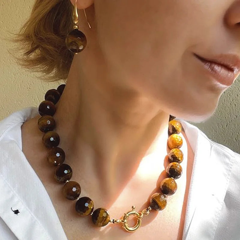 Ensemble Collier et Boucles d'Oreilles en Oeil-de-Tigre