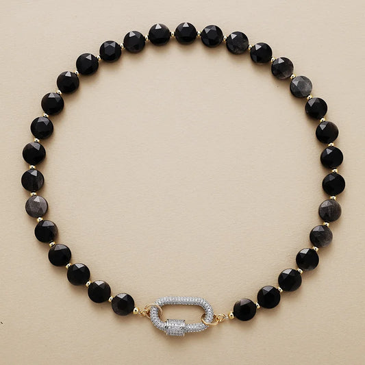 Collier Choker Élégant en Obsidienne Dorée