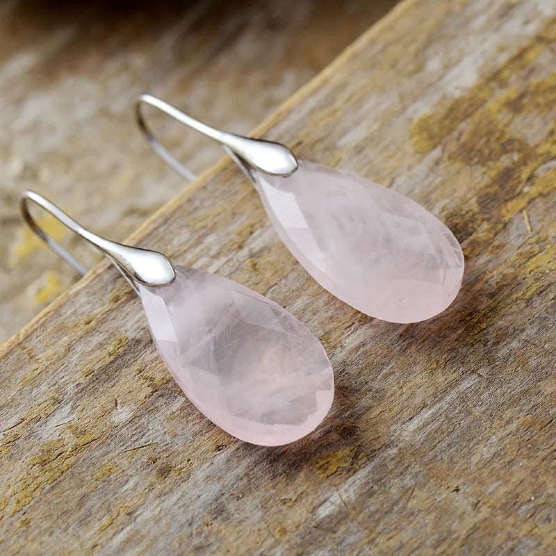Boucles d’oreilles Pendantes Quartz Rose Minimalistes