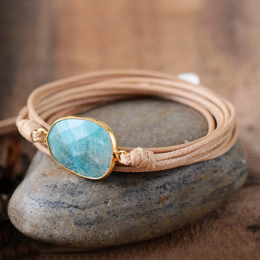 Bracelet Bohème en cuir et médaillon d'Amazonite