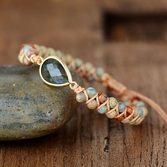 Bracelet Bohème tissé en pierres de Jaspe et médaillon de Labradorite