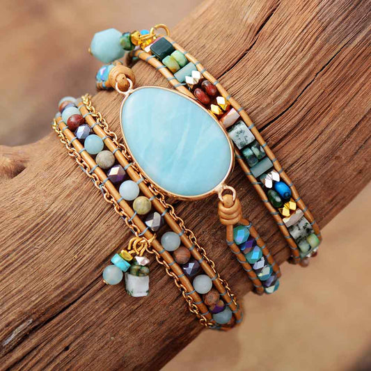 Bracelet Bohème en cuir et pierre d'amazonite