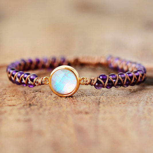 Bracelet Bohème tissé en pierres d'Améthyste et médaillon d'Opale