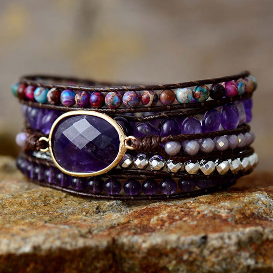 Bracelet Bohème en cuir, Jaspe et Améthyste