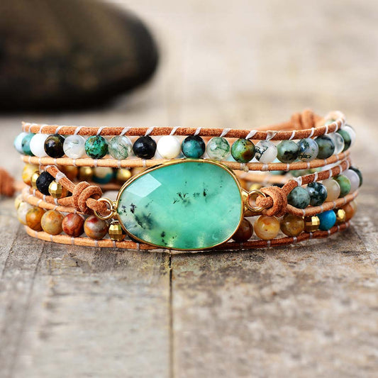 Bracelet en cuir et pierres de Jade et Turquoise Africaine